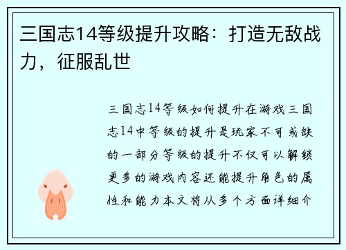 三国志14等级提升攻略：打造无敌战力，征服乱世